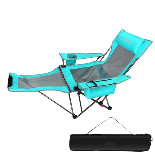 POEPORE Campingstuhl Faltbar mit Fußstütze 4-Fach Campingstühle Strandstuhl Liegestuhl für Erwachsene 120kg Verstellbarer Klappbarer Angelstuhl mit Kühltasche Kissen Getränkehalter Cyan