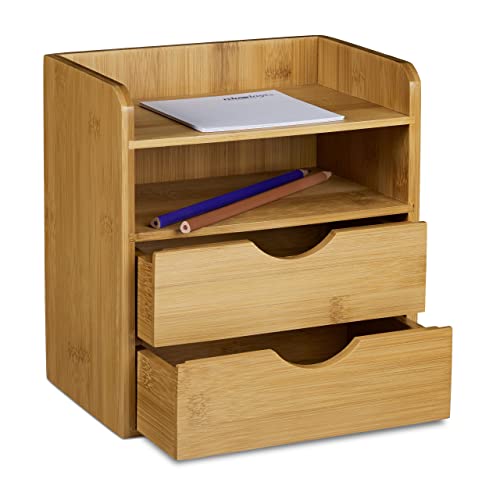 Relaxdays Schreibtisch-Organizer, 2 Ablagen, 2 Schubladen, HBT: 21 x 20 x 13cm, Briefablage fürs Büro, Bambus, natur