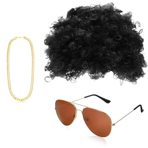 Perücke 70er 80er Männer 3 Stück Mit Goldkette Sonnenbrille Schwarz Hippie Perücke Karneval Perücke Afro Perücke für Karnevalsparty 70er Jahre Outfit Herren Hippie Kostüm Accessoires