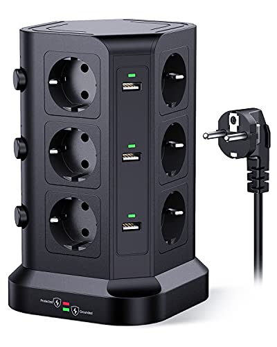 KOOSLA 12 Fach Steckdosenleiste (4000W/16A), 6 USB Mehrfachsteckdose mit Überspannungsschutz, einzeln schaltbarer Steckdosenturm für Büro Küche Tisch,2M Kabel, Schwarz