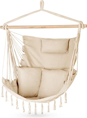 Outtec Hängesessel 100x130x75cm – bis 140 kg - Outdoor Sessel mit Kissen - Sitzsack zum Hängen Schaukel Für Garten und Zimmer – Boho – Fransen Brasilianischer Stuhl - Beige