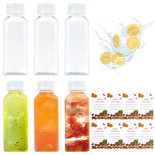 Saftflaschen Mit Kappen, 6 Stück 350ml Kunststoff-Saftflaschen, Transparente Flaschen mit Manipulationssicheren Kappen, Wiederverwendbare Saftbehälter Zum Entsaften für Entsaften, Smoothie, Trinken