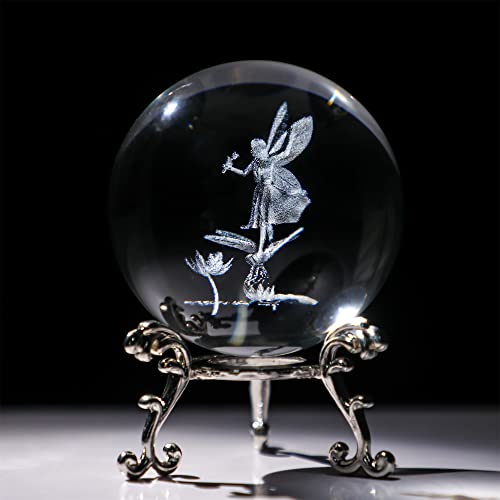HDCRYSTALGIFTS 5,8 cm 3D-Laser-Kristallfee mit Libelle und Lotus-Figuren, Kristallkugel, Briefbeschwerer mit Standfuß, 3D-Gravur, Glas, volle Kugel, Hochzeitsgeschenk, Heimdekoration