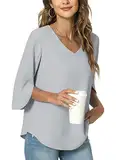 TAOHUADAO Damen 2024 Sommer Casual T-Shirt V-Ausschnitt Tunika Tops für Leggings Chiffon Bluse Shirt, 3/4-Ärmel, Grau, 50