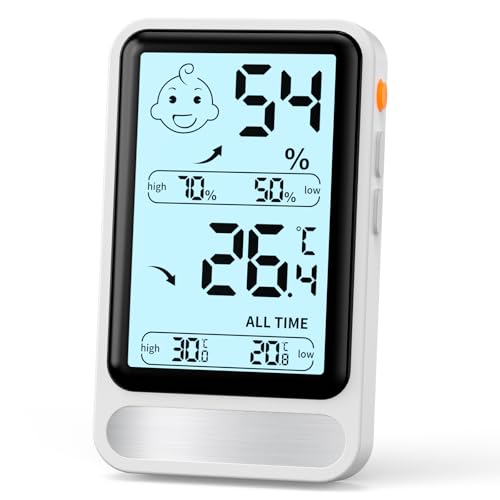 PAIRIER Digitale Thermometer Hygrometer Innen Temperatur und Luftfeuchtigkeitmessgerät Großer LCD-Bildschirm mit Beleuchtung MIN/MAX Aufzeichnungen Raumthermometer für Wohnzimmer Gewächshaus (Weiß)