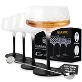 MIAMIO - 280 ml Coupe Gläser 4er Set mit Barlöffel, handgefertigte Kristall Cocktailgläser mit schwarzem Stiel, Cocktail-Gläser, Martini Gläser, Champagner Coupe Gläser - Crystaluna Collection