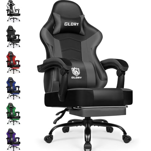 minnouat Gaming Stuhl, Bürostuhl Ergonomisch mit Teleskopische Fußstütze, Gaming Chair mit Kopfstütze und Lendenwirbelstütze,Gaming Sessel gepolstert 150 kg, höhenverstellbarer Gamer Stuhl,Grau