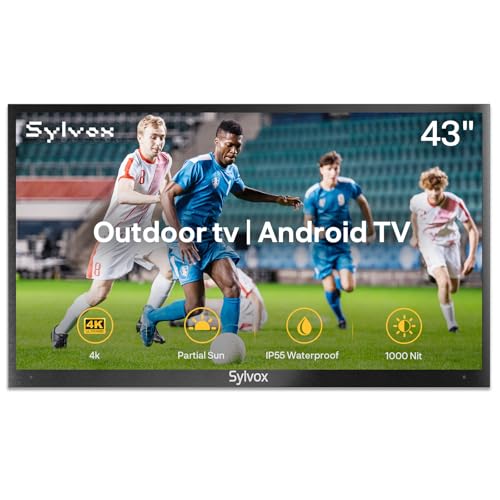 SYLVOX 43 Zoll Outdoor TV, IP55 wasserdicht, 1000Nits, 4K UHD HDR10, Smart Android TV mit Dolby Audio, DVB-T2/S2, HBBTV, Google Assistant Wetterfester Fernseher Für Terrasse, Garten, Geschäftsräume
