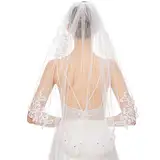 Andibro Kurz Hochzeit Brautschleier, Strass Schleier Elegante Braut Tüll mit Kamm Ellbogenlänge Hochzeitsschleier Blumenstickerei Schleier für Damen Hochzeit Zubehör Party Einzeln Partei