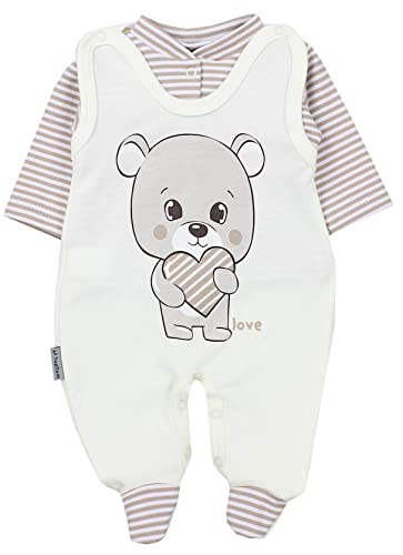 TupTam Baby Mädchen Jungen Strampler mit Langarmshirt Aufdruck Spruch 2 teilig, Farbe: Love Teddy/Streifen Beige Ecru, Größe: 56