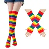 Xerteam Bunte Armstulpen Overknees Strümpfe Damen, Regenbogen Kostüm Zubehör with 1 Paar Stulpen Bunt 1 Paar Gestreifte Kniestrümpfe, Fingerlose Handschuhe Set für Fasching Kostüm Cosplay Party