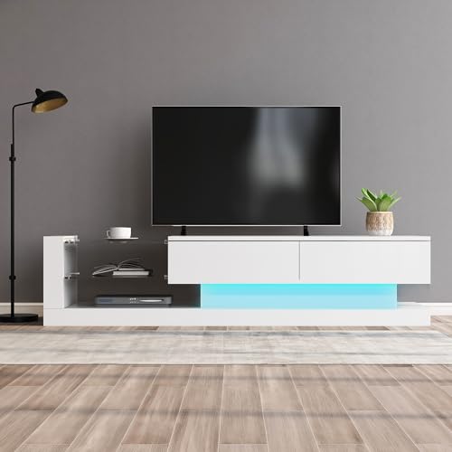 TV Schrank, Fernsehtisch mit 2 Schließfach, 140cm lang, verstellbare Ablagen, Hochglänzendes TV-Lowboard mit 16-farbige LED-Beleuchtung für Wohnzimmer und Esszimmer,Schlafzimmer |2 Paketzustellung