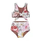 Zweiteiliger Badeanzug für Babys, Kinder, Mädchen, Sommer, gestreift/Blumendruck, geknotet, Tankini und elastische Shorts, Bikini-Badeanzüge, A-Kaffee, 92