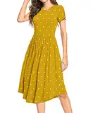 DEARCASE Damen Sommer Polka Dot Lässige Midi Tunika Kurzarm Schlichtes Kleid Plissee Lose Fließende Blumen Damen Kleid mit Tasche