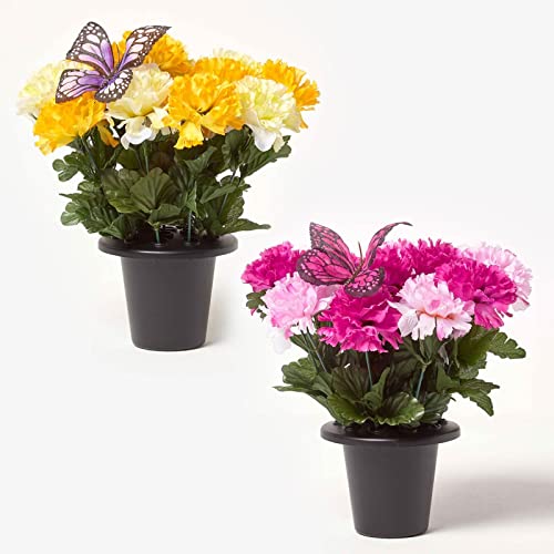 HOMESCAPES 2er-Set Künstliche Nelken im Topf mit Blumenverteiler und Deko-Schmetterling 30 cm – pink & gelb, künstliche Grabblumen wetterfest