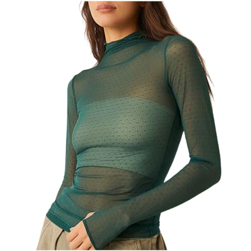 Battnot Damen Oberteile Langarmshirt Damen Elegant Spitzentop Oberteil Durchsichtige Spitze Langarmshirt Tops Leichtes T-Shirt Sexy Mesh Bluse Hemd Transparent Party Clubwear