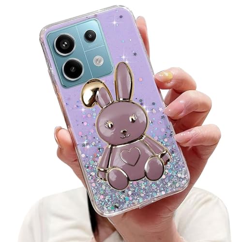 Tivenfezk Nadoli für Xiaomi Poco X6 5G Herz Hase Versteckt Ständer Hülle,Karikatur Glitzer Ständer Weiche Silikon Bling Durchsichtig Schutzhülle,Lila