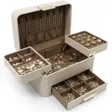 KAMIER Schmuckaufbewahrung, 3 Ebenen PU Schmuckkästchen groß,1 Schmuckaufbewahrung, Multifunktional Schubladeschmuck Organizer, Damen Schmuck Ohrringe Ring Box(Beige)
