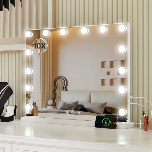 Teousev Schminkspiegel mit Beleuchtung, 50x42cm Hollywood Spiegel mit 14 LED-Glühbirnen, Dimmbarer Schminkspiegel für Make-Up