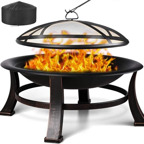 Feuerkorb mit funkenschutz, Φ76cm Feuerschale mit grillrost, Retro-Look Feuerstelle, Feuerschalen für den Garten, BBQ Feuerschale Grill, Stabil und Funktional, Schwarz, Groß