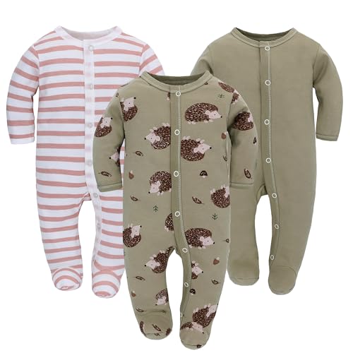 3PCS Baby Schlafstrampler Babychlafanzug Babyschlafsack Baumwolle mit Füßen mit knöpfen Gr. 56 62 68 für Junge Mädchen Neugborenen (Igel, 56)