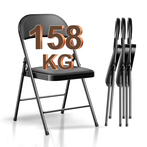 BULAGE Klappstuhl 4er Set Campingstuhl Faltbar, Gartenstuhl Klappbar Klappstuhl bis 158 kg, Kunstleder klappstühle mit PU Sitz, Schwarz Gartenstühle Klappsessel