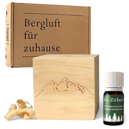 Zirben-Würfel Duft-Set | Zirbenholz-Würfel mit Motiv und Tropfstruktur + BIO Zirben-Öl (10 ml) | Duftspender aus Holz | Erhältiche Motive: Berge, Lebensbaum, Schlaf-gut, Herzen | Geschenk-Box (Berge)