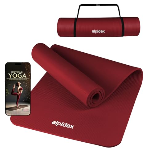 ALPIDEX Yogamatte 183 x 60 x 0.8 cm Phthalatfreie Fitness Matte E-Book Tragegurt rutschfest Gymnastik Turnen Pilates Sport Physio HIIT Yoga Trainingsmatte Isomatte Hautfreundlich, Bordeaux