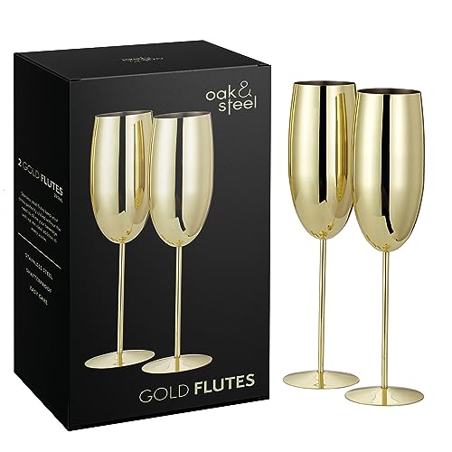 Oak & Steel - 2 Champagnergläser, 280ml - Prosecco-Gläser aus Edelstahl mit Geschenkbox (Gold)