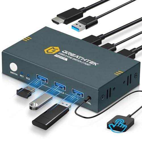 USB 3.0 KVM Switch HDMI 2 Port 4K@60Hz, KVM Switches für 2 PC 1 Monitor Mit 3 USB3.0 Ports, HDMI2.0, HDCP2.2, Unterstützung der EDID Funktion, Inklusive 2 USB 3.0 Kabel