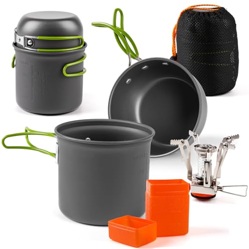 Kochset Camping Topf Set, Shayson Camping Kochgeschirr mit Gaskocher, Outdoor Kochgeschirr Topf Geschirr Set, 1-2 Personen Tragbar Mini Aluminium Faltbare Besteck Campingkocher für Picknick Kochen