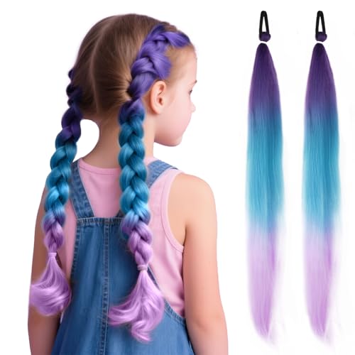 2 Stk Kunsthaar zum Einflechten 75 cm, Haarsträhnen zum Braiding Hair, Braids Extensions mit Haargummi, Geflochtener Zopf Haarteil, bunte haarsträhnen für Kinder Party Urlaub Karneval Deko (A)