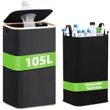 Yammoe 105L Pfandflaschen Sammelbehälter. 1 Fächer mit Löchern für leere Flaschen und Altglasaufbewahrung mit Deckelbehälter für Küche und Speisekammer – Schwarz
