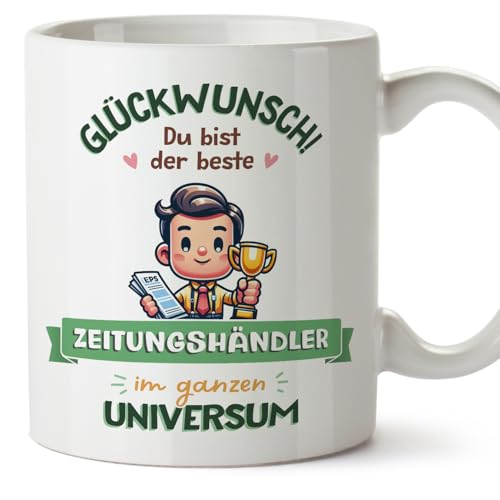 Mugffins Tassen/Becher mit Spruch für ZEITUNGSHÄNDLER Mann - Auf Deutsch - Bester im Universum, Trophäe - 11 oz / 330 ml - originelles und lustiges Geschenk Mitarbeiter