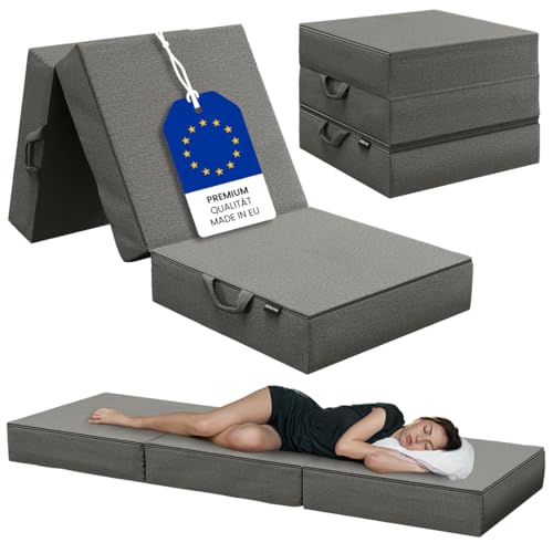 Bellamio Klappmatratze Lomme, Gästematratze 3-Fach faltbar, Faltmatratze Höhe 15cm Schaumstoff extra dick, waschbarer Bezug Reisematratze 90x200x15 cm mit Tragegriffen, Bandscheibenwürfel dunkelgrau