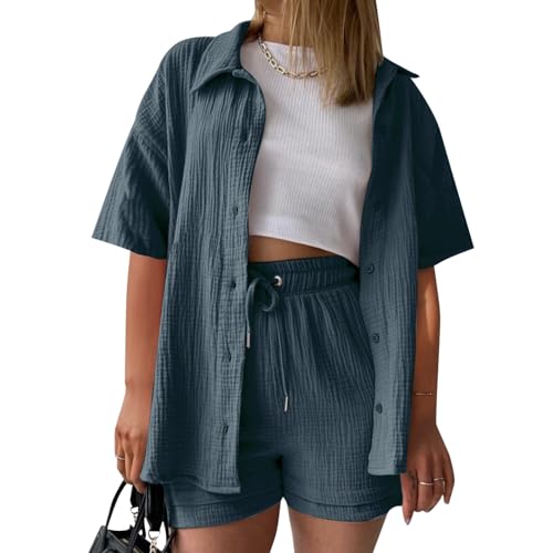 Summer Zweiteiler Damen Musselin Bluse Set, Elegant Leinen Bluse Hemd Und Shorts Einfarbig Lounge Set Strand Y2k Clothes Baumwolle Sportanzug Oversize Freizeitanzug Kurzarm Hausanzug Outfits