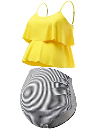 GINKANA Damen Umstands-Tankini, 2-teilig, Umstands-Bademode, Badeanzug, doppelter Rüschensaum, Schwangerschafts-Badeanzug, Gelb + diagonale Streifen, Medium