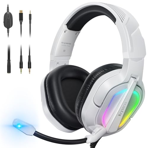 Krysenix PG2 RGB Gaming Headset für PS4/PC/Xbox/Nintendo Switch, PS5 Headset mit Mikrofon, Gaming Kopfhörer mit Mikrofon, Noise Cancelling Kopfhörer mit 3.5mm Klinke Weiß