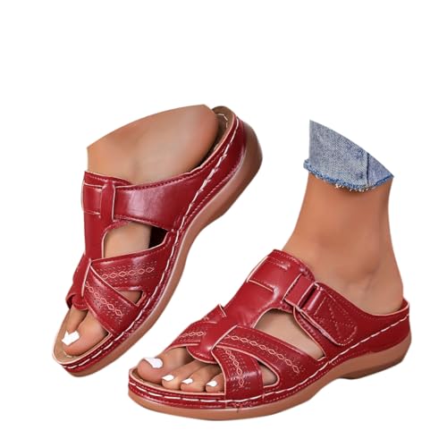 Onsoyours Orthopädische Sandalen Damen Sommer Vintage Schlappen Peep Toe Hausschuhe Keil PU Pantoffeln Plateau Sommerschuhe Freizeit Strandschuhe B Rot 37 EU