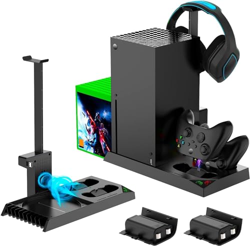 FASTSNAIL Ständer Kompatibel mit Xbox Series X, Lüfter kühler Kompatibel mit Xbox Series X mit wiederaufladbar 2x1400 mAh Akkus, Ladestation, Spiele Discs aufbewahrung und Headset Halterung