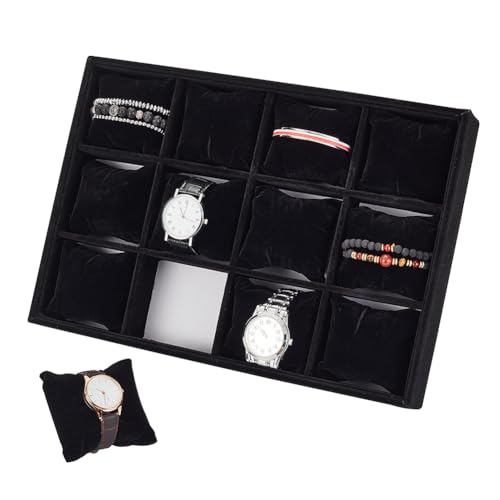 PandaHall Uhrentablett 12 Slots Uhrenablagen Organizer Samtuhr Showtablett Schmuckuhr Schmucktabletts Uhren Display Halter Verstellbares Kissen für Aufbewahrung von Armband Uhren Schmuck (Schwarz)