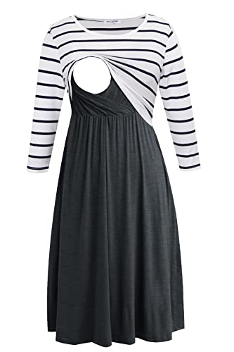 Smallshow Damen Schwangerschaftskleid Umstandsmode Kleide Umstandskleide Stillkleide White Stripe-Deep Grey M