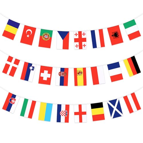 DERAYEE 24 Länder Fahnen Wimpelkette,Olympische Spiele Flaggenkette für Europameisterschaft Garten,Restaurant und Party(10m)