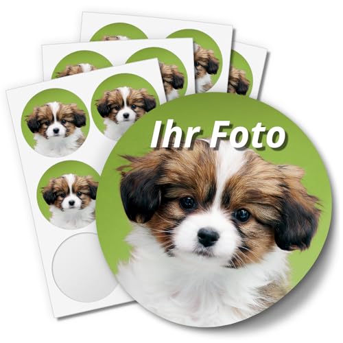 24 Aufkleber mit eigenem Foto PERSONALISIERT runde Etiketten mit individuellen Fotos Hochzeit Baby Geburtstag Bild Schule Gastgeschenke Mitgebsel Taufe 4cm