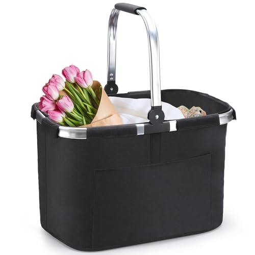 Pynhoklm® Einkaufskorb 30L Faltbar Picknickkorb Klappkorb Einkaufstasche mit Aluminiumgriff Stabiler große Einkaufskörbe Carrybag für Arbeit/Reisen/Einkaufen