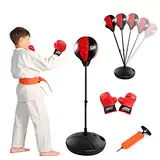 RELAX4LIFE Boxing Ball Set, Punchingball mit Boxhandschuhen & Luftpumpe, höhenverstellbarer Standboxball: 81-123,5 cm, Standboxsack mit befüllbarem Ständer, Punching Birne für Kinder ab 3 Jahre, rot