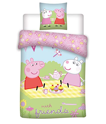 Peppa Pig 035 Bettwäsche für Kinder/Bettwäsche Baby Peppa Pig mit Freunden, Kissenbezug 40cm x 45cm + Bettwäsche 100cm x 140cm, 100% Baumwolle, Öko-Tex