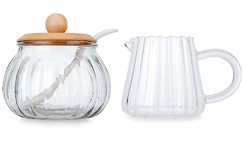 Chase Chic 3-teilig Glas Milch- und Zucker-Set mit Deckel, 210ml Milchkännchen und 240ml Zuckerdose Milch- & Zuckerbehälter, Zuckertopf Sahnekanne für Cappuccinos Latte Espresso