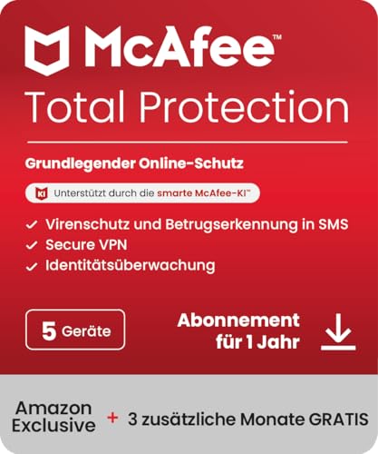 McAfee Total Protection (5 Geräte) 2025 | 15 Monate | Secure VPN, Sicherheitssoftware mit Virenschutz, Kennwort-Manager, Identitätsüberwachung | Digitaler download