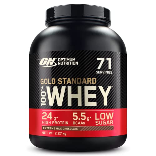 Optimum Nutrition ON Gold Standard Whey Protein Pulver, Eiweißpulver zum Muskelaufbau, natürlich enthaltene BCAA und Glutamin, Extreme Milk Chocolate, 71 Portionen, 2.27kg, Verpackung kann Variieren